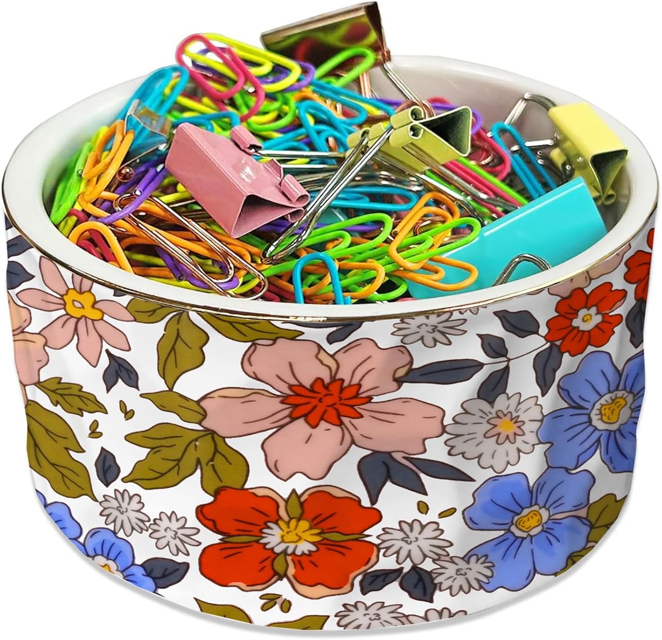 Paper Clip Holder Ceramic Paper Clip Holders Garden Floral Paperclips Holder Dispenser Cute Gold Line Paper Clip Organizer for Desk Binder Clip Holder Bobby Pin Hair Gift for Office Mint Flowers