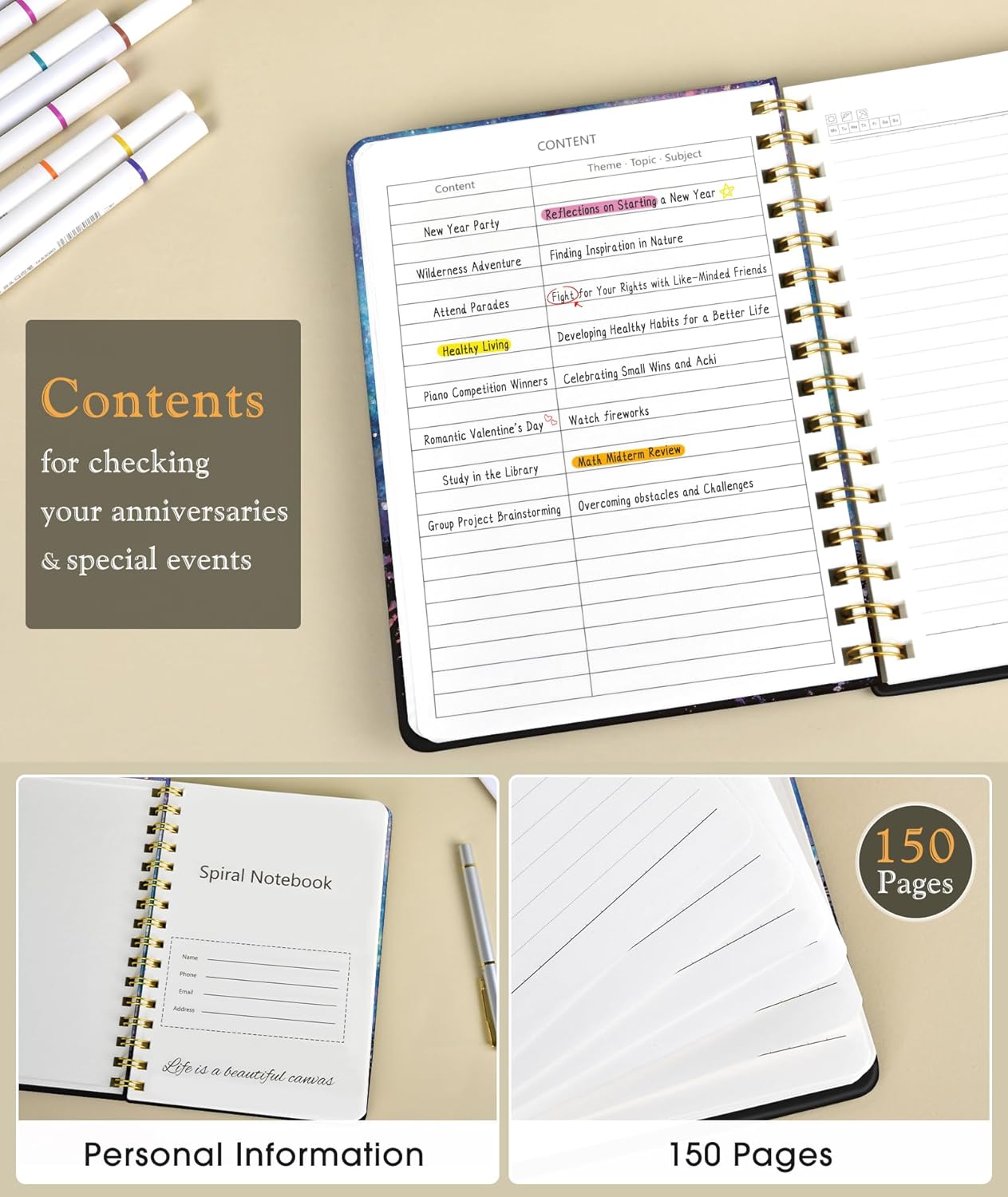 Lined Spiral Journal Notebook, A5 Hardcover Spiral Journals for Women Men, 150 Numbered Pages Spiral Bound Notebook, 100 GSM College Ruled Notebooks for Work, Note Taking 5.75" x 8.38", Olive Green
