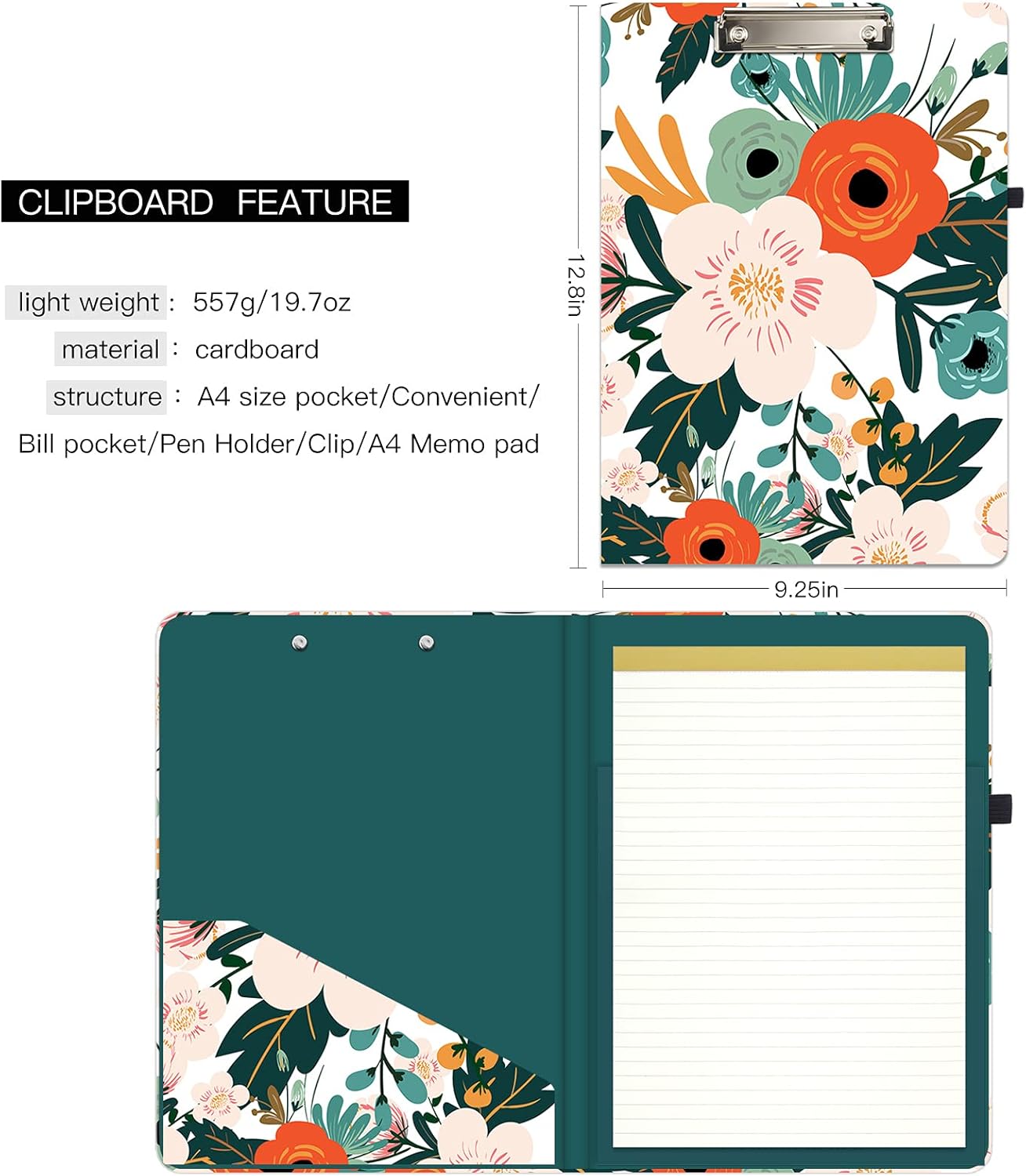 Hongri Clipboard Folio with Refillable Lined Notepad and Interior Storage Pocket for Students, Classroom, Office, Women, Man, Cute Custom Pattern, Size 12.8 x 9.2 in, Classic Flower