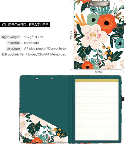 Hongri Clipboard Folio with Refillable Lined Notepad and Interior Storage Pocket for Students, Classroom, Office, Women, Man, Cute Custom Pattern, Size 12.8 x 9.2 in, Classic Flower