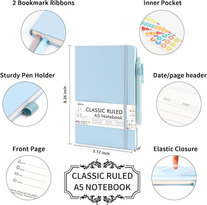 feela College Ruled Notebooks, 24 Pack Business Notebook Hardcover Lined Writing Journal with Pen Holder for Men Women Note Taking, with 24 Black Pens, 120 GSM, 5.1”x8.3”, A5, White