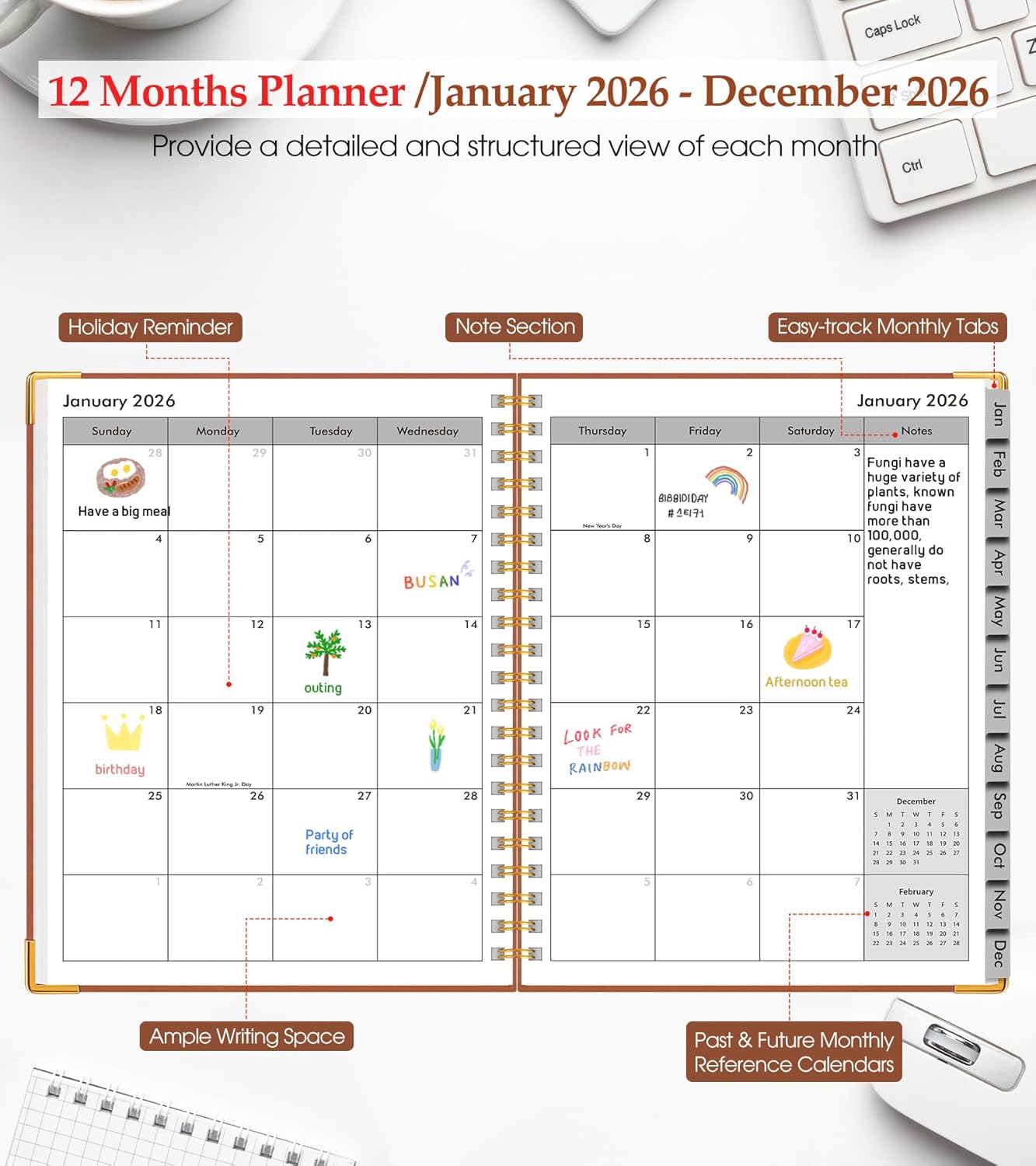 2026 Planner, Weekly and Monthly Calendar Planner from January 2026 - December 2026, 8.5" x 11" Hardcover Leather Hourly Appointment Book with Tabs, Spiral Daily Planners for School Work Home, Green