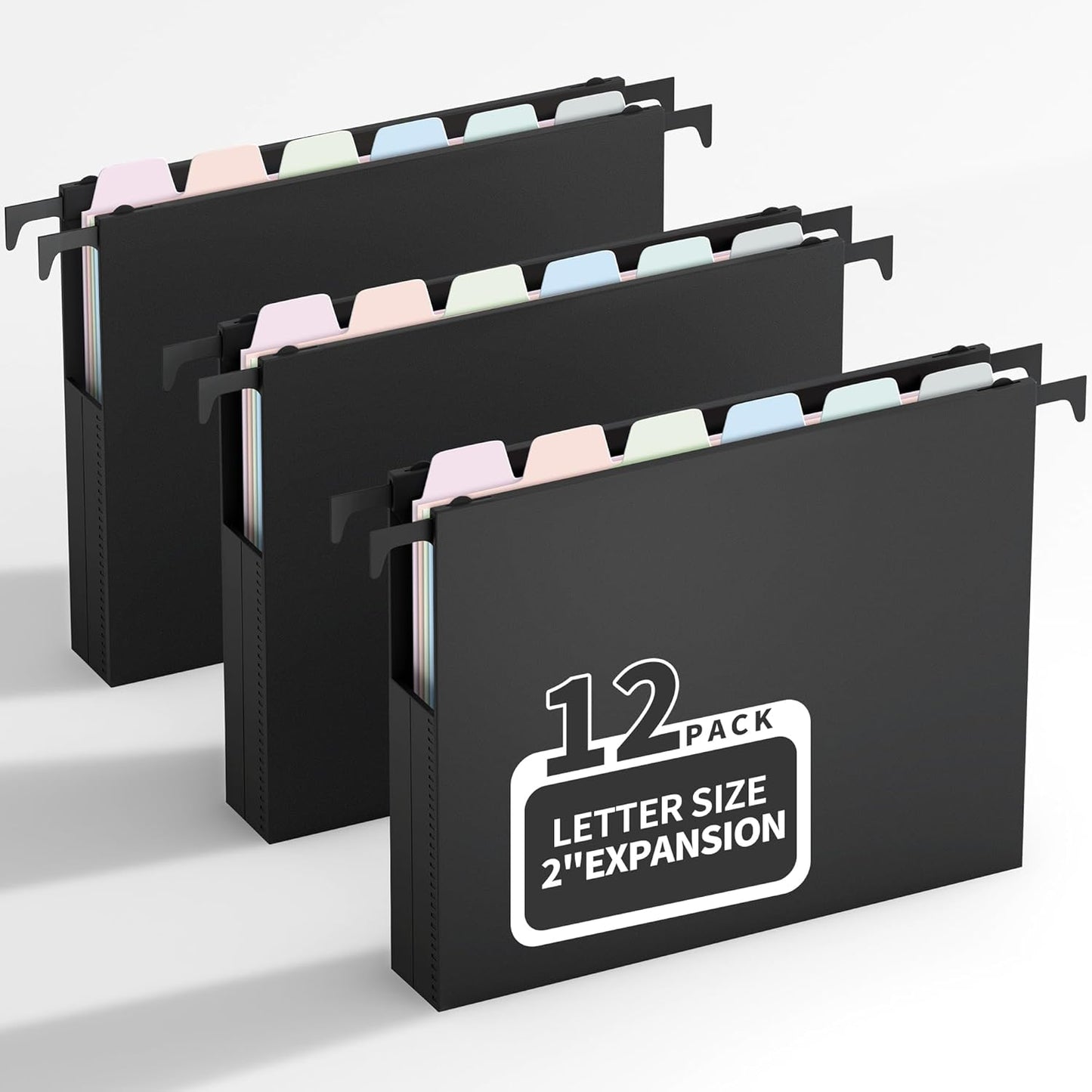 Uquelic Plastic Hanging File Folders Letter Size, 12 Pack Reinforced Heavy Duty Hang Folder with Movable Bright Dividers, Adjustable Tabs, 2" File Organizer for Filing Cabinet, School, Office