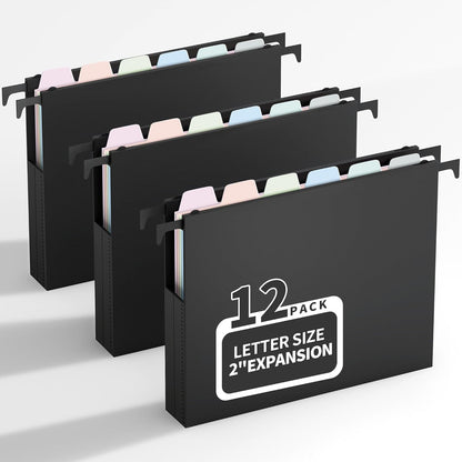 Uquelic Plastic Hanging File Folders Letter Size, 12 Pack Reinforced Heavy Duty Hang Folder with Movable Bright Dividers, Adjustable Tabs, 2" File Organizer for Filing Cabinet, School, Office