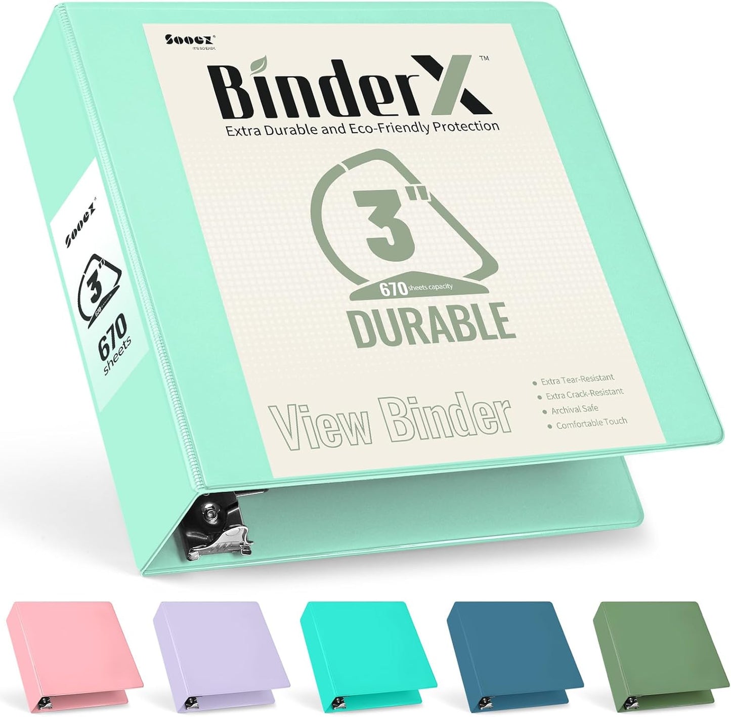 Sooez BinderX Extra Durable 3 Inch 3 Ring Binder, D-Ring Large Binders, Holds 670 Sheets of 8.5x11 Paper, Customizable View Cover with Inside Pockets, Heavy Duty 3 Ring Binder for School, Grey Blue