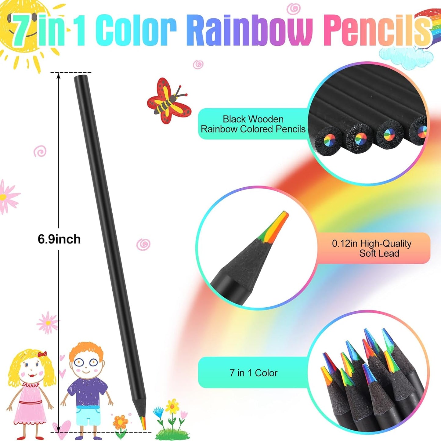 12 Pcs Rainbow Pencils with Sharpener, 7 Color in 1, Black Wooden, Art Supplies for Kids & Adults, Birthday Pencils