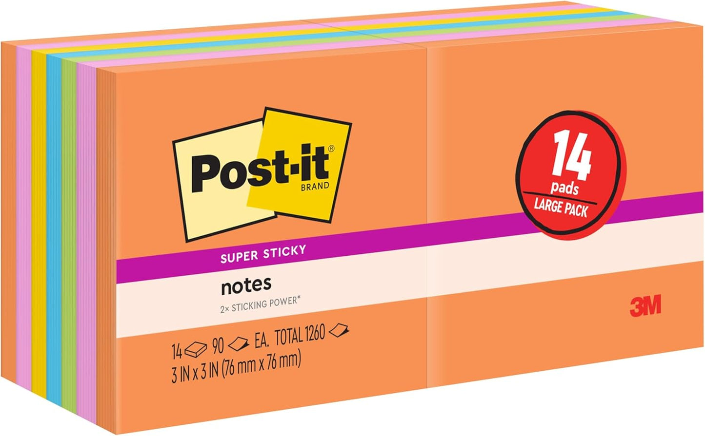 Post-it Super Sticky Notes, 24 Sticky Note Pads, 3 x 3 in., School Supplies, Office Products, 2X the Sticking Power, Supernova Neons Collection