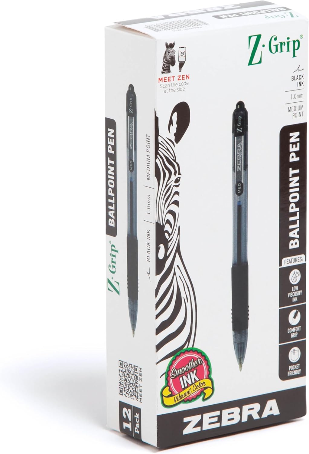 Zebra Pen Z-Grip Retractable Ballpoint Pen, Smooth-Flowing Black Ink, 1.0mm Medium Point, School & Office Supplies, Ideal for Note-Taking, Journal and Planner Use, 18-Pack (22218)