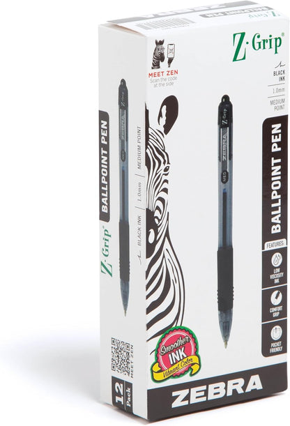 Zebra Pen Z-Grip Retractable Ballpoint Pen, Smooth-Flowing Black Ink, 1.0mm Medium Point, School & Office Supplies, Ideal for Note-Taking, Journal and Planner Use, 18-Pack (22218)