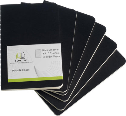 TWONE - 6 Pack Mini Pocket Notebooks, 3.5 by 5.5 Inches (90 x 140 mm), Black Cardstock Journal Set with 60 Lined Pages (30 Sheets) - Perfect for Travel, Office, School & Daily Notes