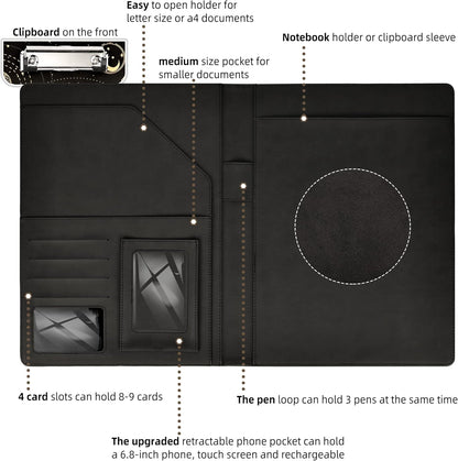 Clipboard Folio Folder Portfolio with Notepad-Pocket Business Card Holder Brown Faux PU Leather Portfolio