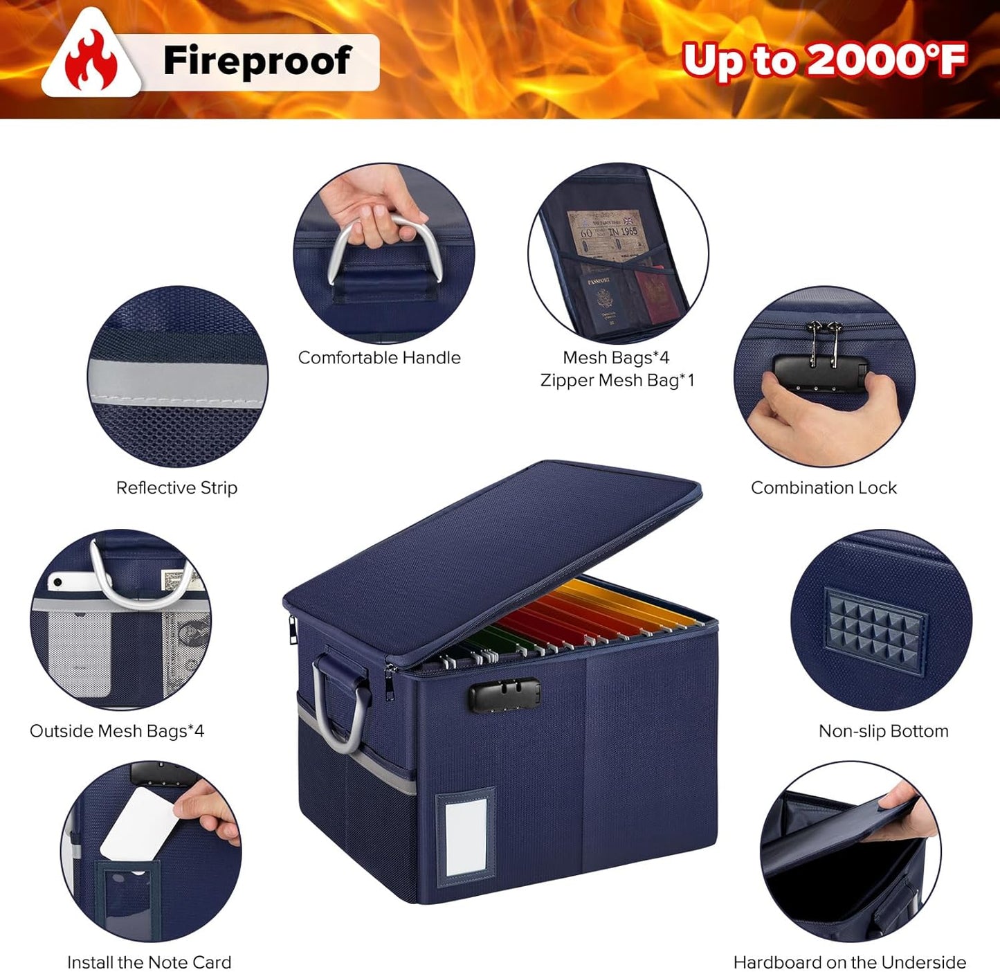 TOMKID Fireproof Document Box, Fireproof File Box with Lids, Important Document Organizer Box with Lock, Portable File Folder Organizer with Handle
