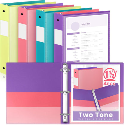 Henoyso 4 Pack Plastic Two-Tone View 3 Ring Binder, 1 Inch Round Ring Binder with Four Inner Pockets, Heavy Duty View Binders for School and Office, Pink, Teal, Purple and Lime (Clear Font Pocket)