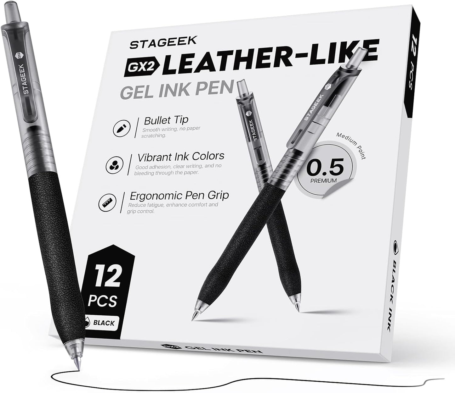 STAGEEK 0.5mm Gel Pens Fine Point Smooth Writing Pens, 12PCS Black Ink Pens, Retractable Leather-Like Black Gel Pens, Business Gel Pen for Journaling, Writing, School, Office Use (Black)