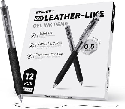STAGEEK 0.5mm Gel Pens Fine Point Smooth Writing Pens, 12PCS Black Ink Pens, Retractable Leather-Like Black Gel Pens, Business Gel Pen for Journaling, Writing, School, Office Use (Black)