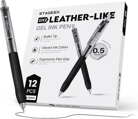 STAGEEK 0.5mm Gel Pens Fine Point Smooth Writing Pens, 12PCS Black Ink Pens, Retractable Leather-Like Black Gel Pens, Business Gel Pen for Journaling, Writing, School, Office Use (Black)
