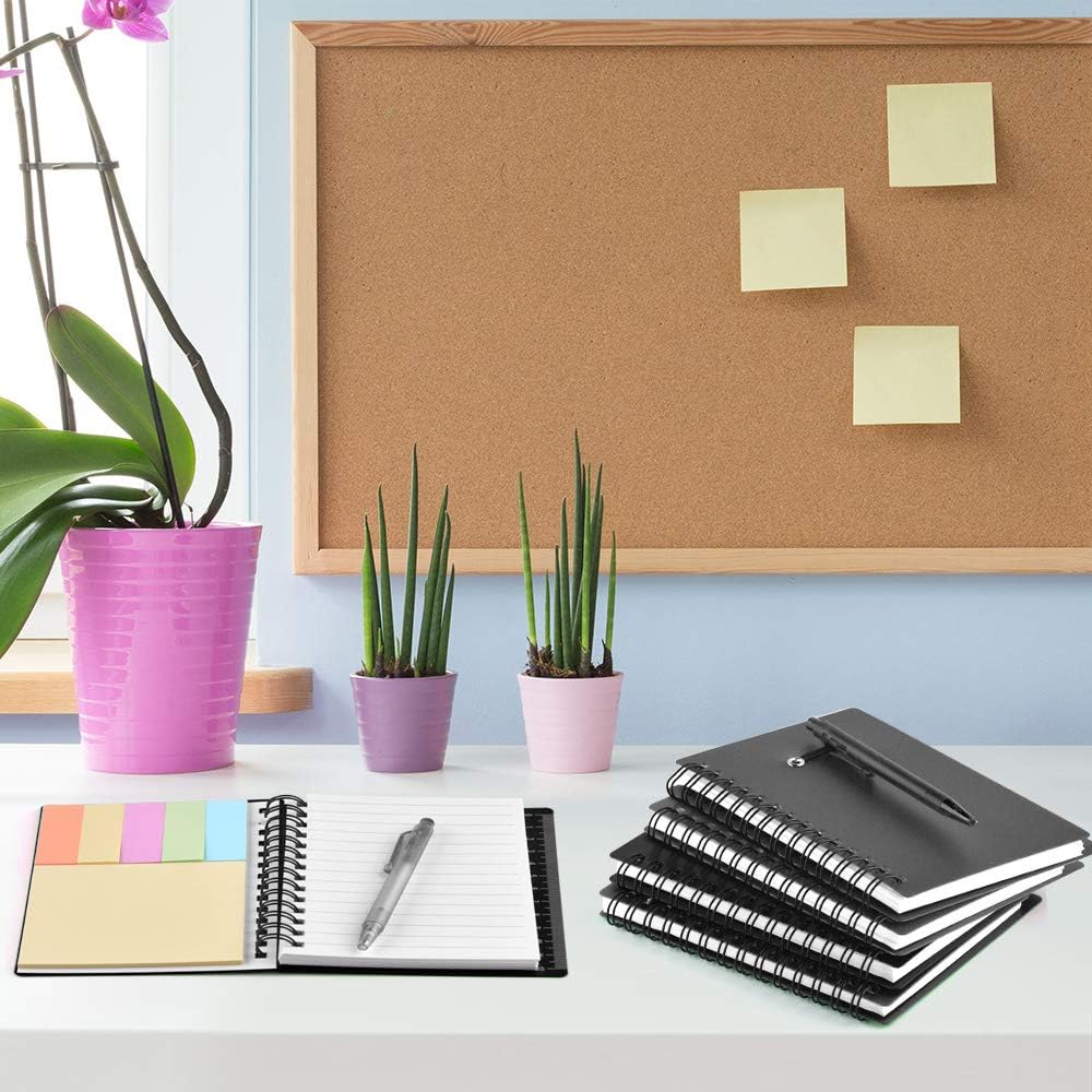 Coopay 4 Pieces Spiral Notebook Steno Pocket Notepad with Pen in Holder and Sticky Notes, Page Marker Index Tabs Flags Making Plans Writing Memos Office School Supplies (Yellow, Blue, Purple, Green)