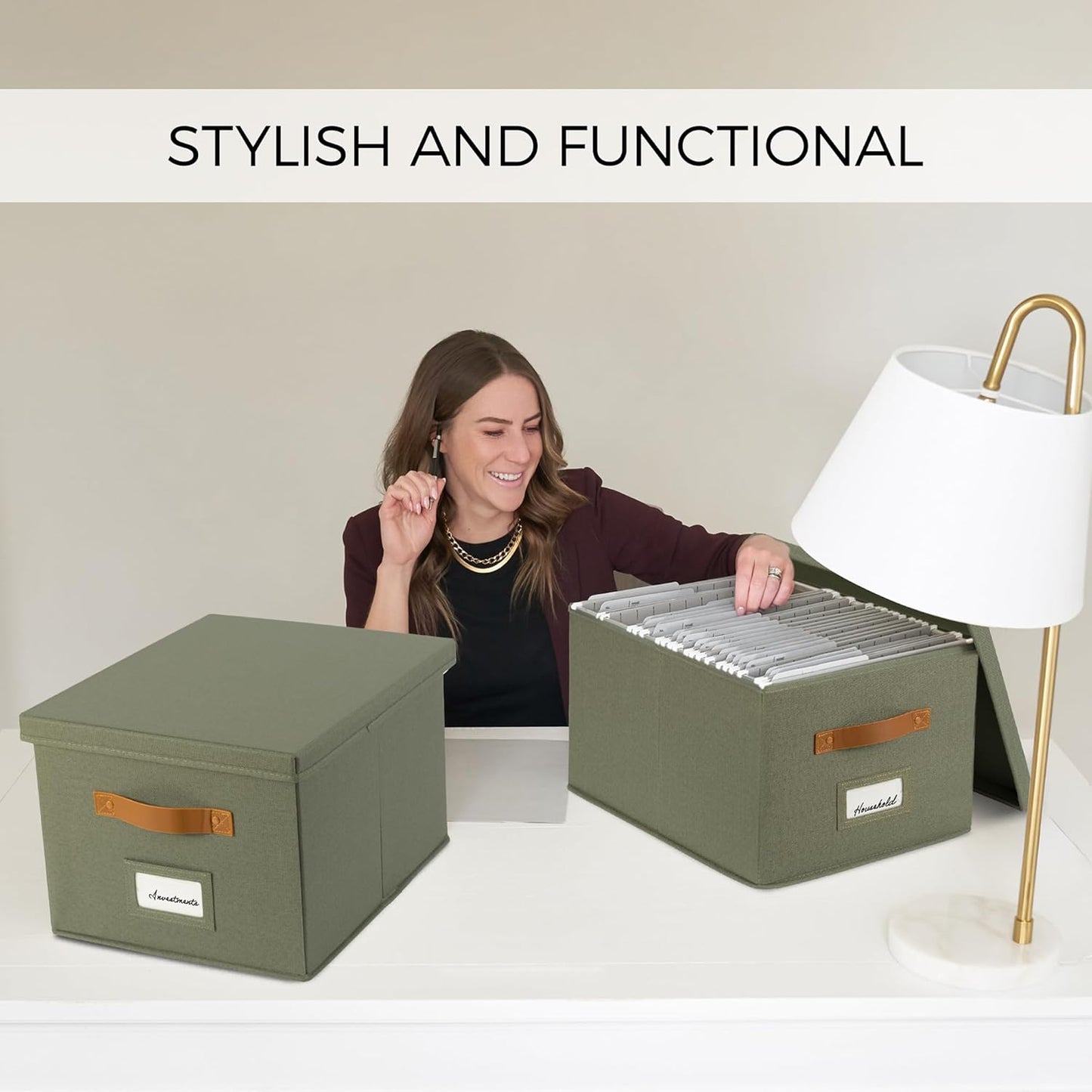 ZICOTO Decorative File Organizer Box Set of 2 - Collapsible Linen Filing Cabinets with Handles Are Perfect to Store All Your Documents & Hanging File Folders - Portable Easy Slide Crates with Lid