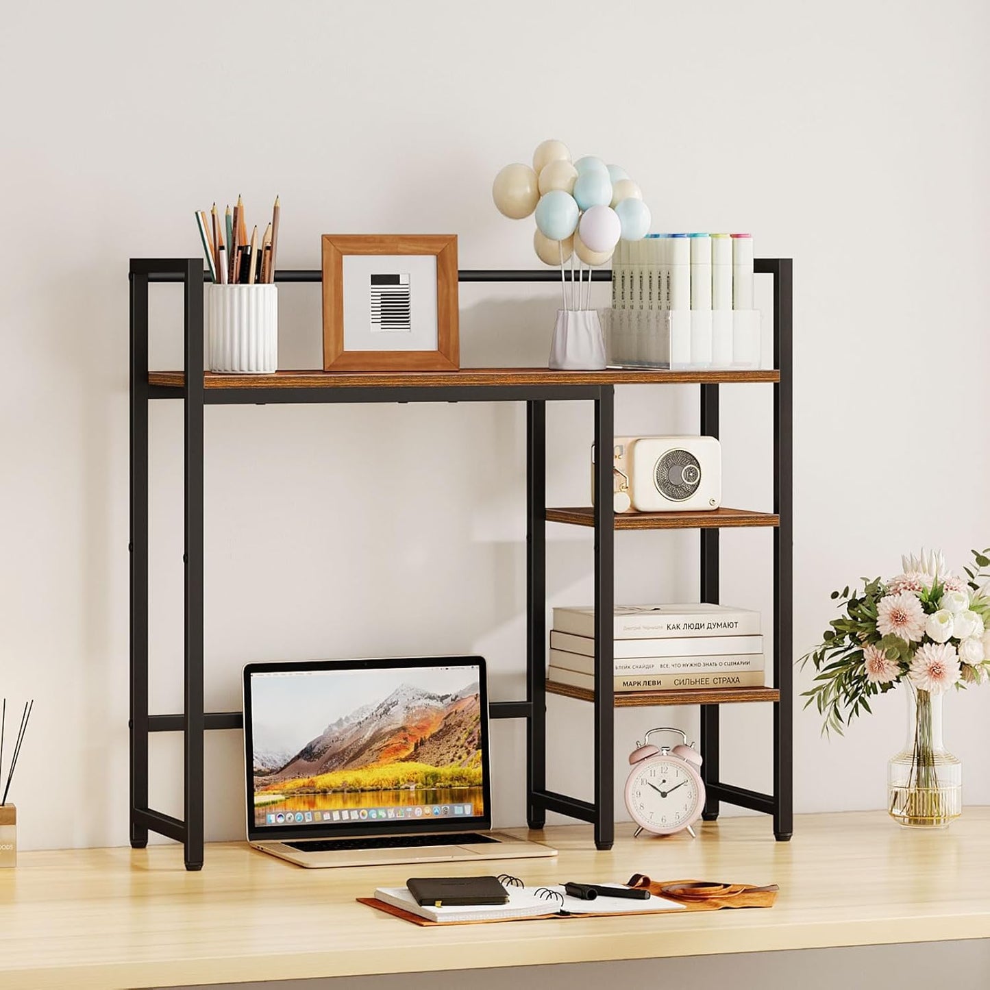 Snughome Desk Shelf, 38.6" Desktop Organizer Shelf, Desk Hutch for Computer Monitor, 4 Tier Desk Display Rack, Wood Desktop Bookshelf Storage Rack for Home Office Dorm, Rustic Brown | Desk Hutch, Computer Monitor, Desktop Display Rack, Home Office Dorm