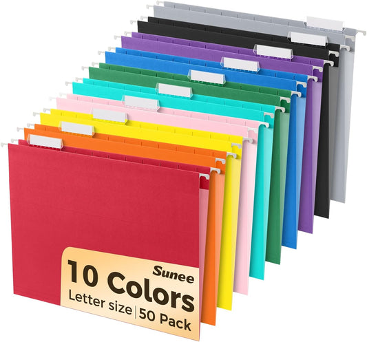 SUNEE Hanging File Folders, 50 Pack Letter Size Hanging File Folders with 1/5-cut Tabs, Stay Organized for Your Home and Office Bulk File, Documents and Paper, 10 Pastel Colors