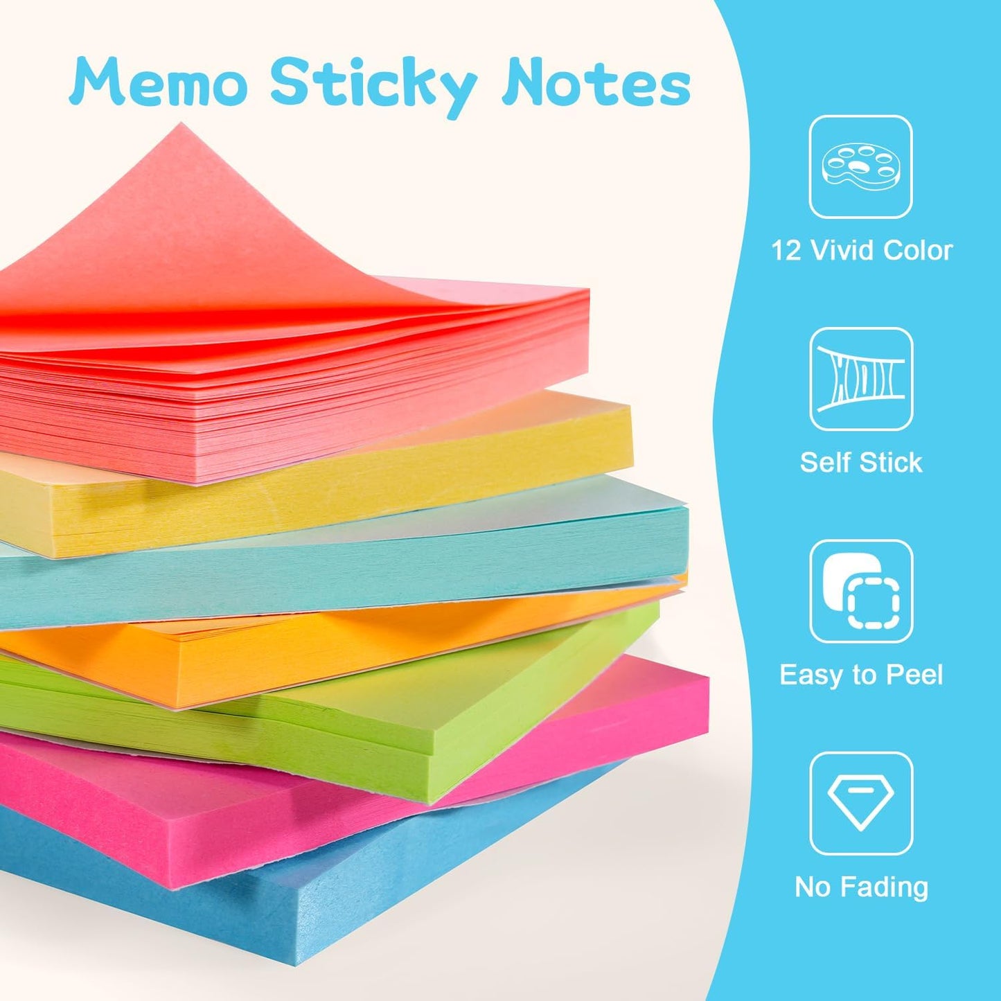 Sticky Notes 3x3 Inch (48 Pads) Bright Colors Self-Stick Memo Pads, Thick Paper Easy to Stick & Remove