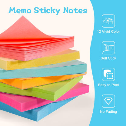 Sticky Notes 3x3 Inch (48 Pads) Bright Colors Self-Stick Memo Pads, Thick Paper Easy to Stick & Remove