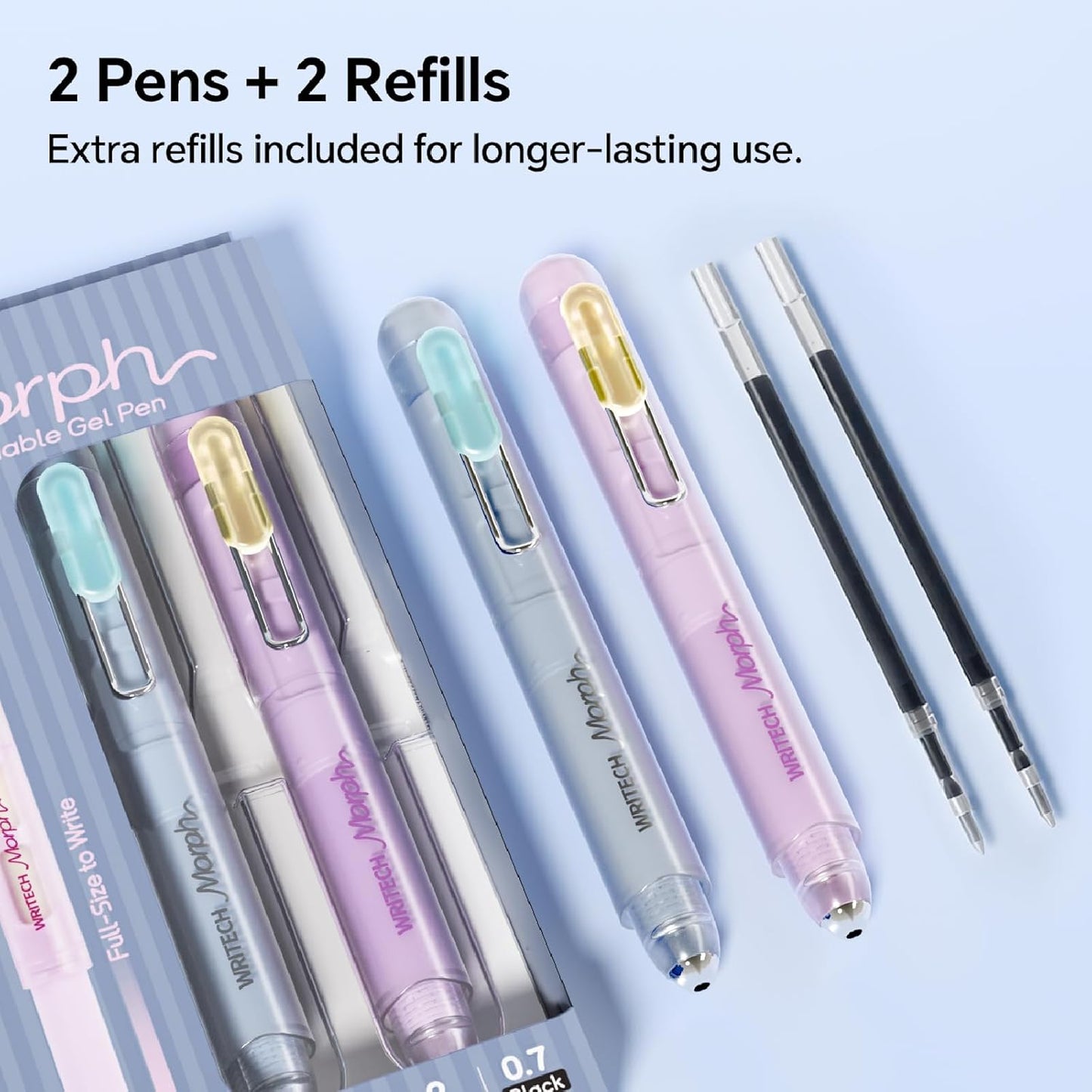 WRITECH Morph Extendable Gel Pens: 0.7mm Medium Point Black Ink Pocket-to-Full-Size Design Translucent Soft Grip Barrel Includes 2 Pens and 2 Refills Dual-Length Pocket Pen 4.6" to 6.1"