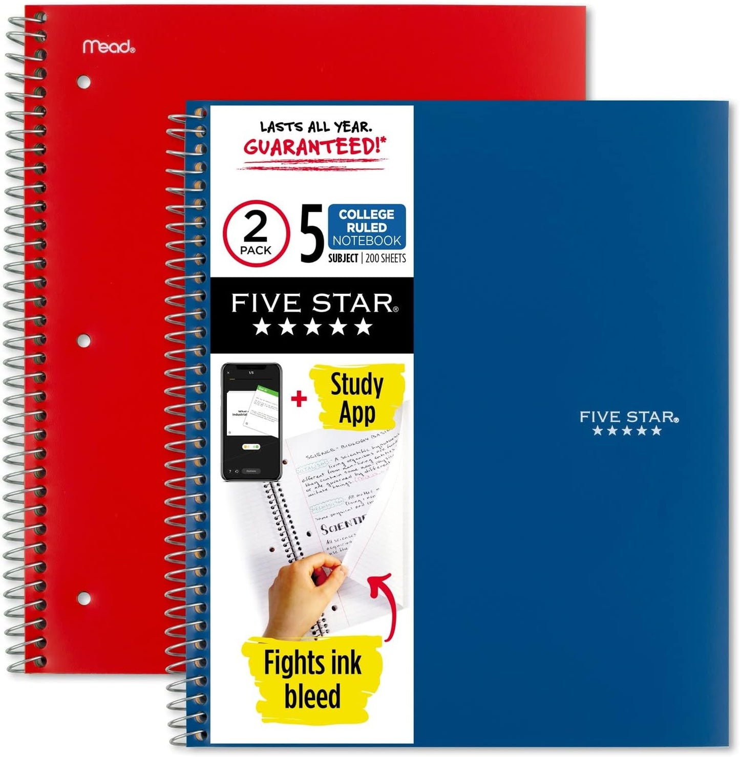 Five Star Spiral Notebook + Study App, 5 Subject, College Ruled Paper, 11" x 8-1/2", 200 Sheets, Black & Forest Green, 2 Pack (820190)