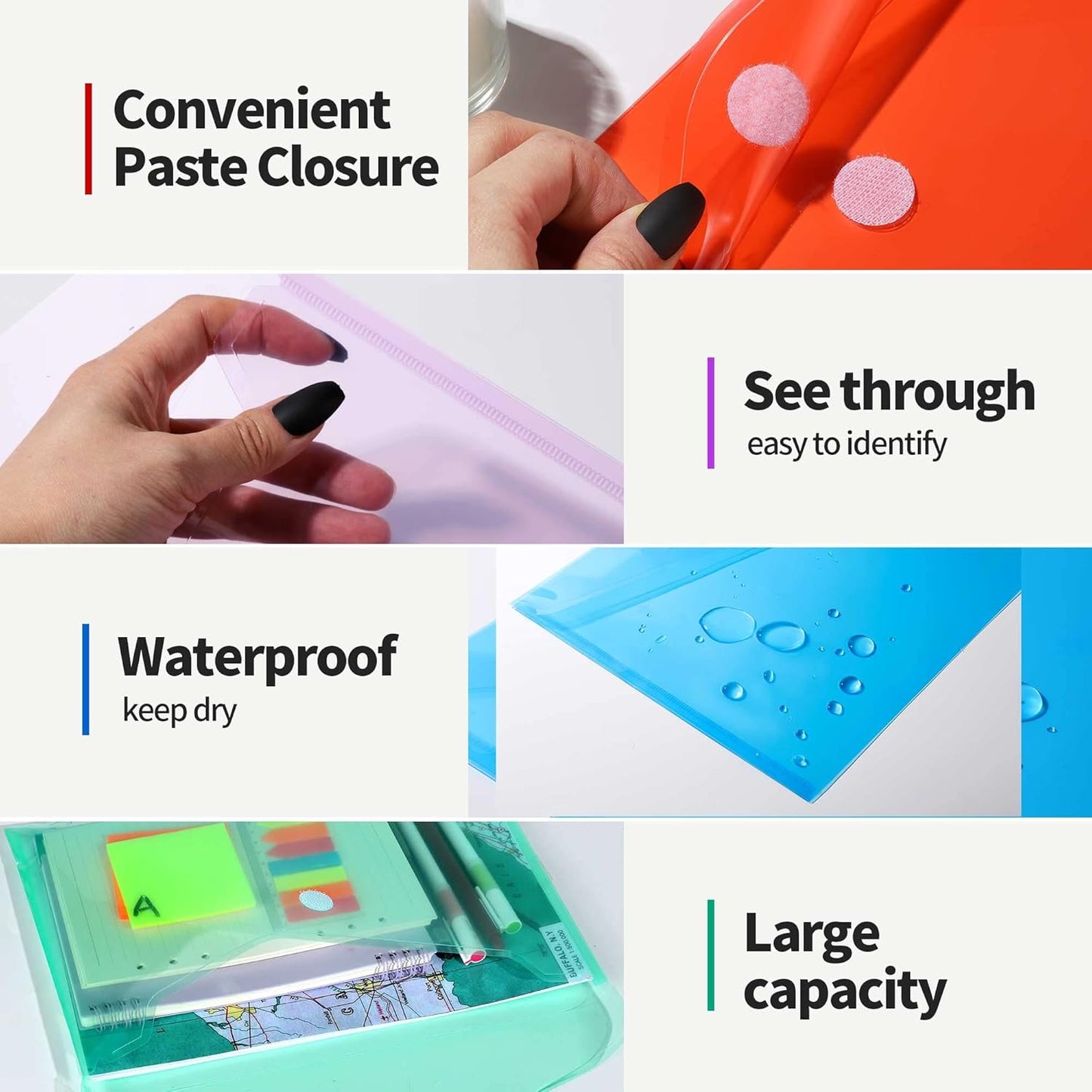LEOBRO Plastic File Folders for Documents, 6 PCS Plastic Envelopes, Reusable Clear File Folders File Bags Document Holder, A4 Size