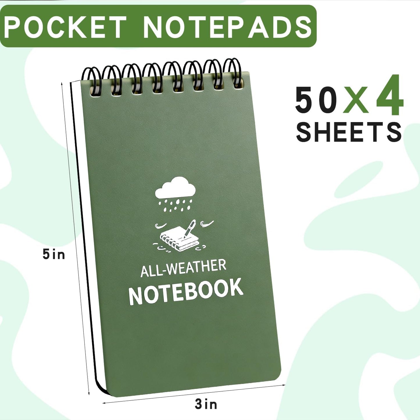 Waterproof Notebook, 4 Pack Pocket Notepad, 3" x 5" Top-Spiral Weatherproof NotePad, All Weather Police Pocket Notebook Mini Memo Steno Note Pads for Outdoor Office School Recording, Black