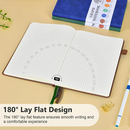 PERCUN Graph Paper Notebook, 160 Pages Grid Journal for women & men, A5 Hardcover Leather Graphing Notebook for School, Work, Travel, Note Taking 5.9”x8.5” (Black)
