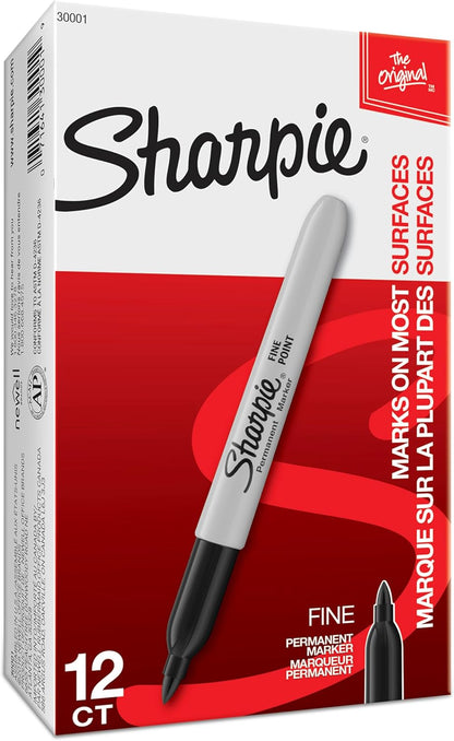 Sharpie Permanent Markers, Fine Tip, Black, 12 Count - Office Supplies, Quick Drying, Fade Resistant, For Wood, Plastic, Paper, Metal, And More