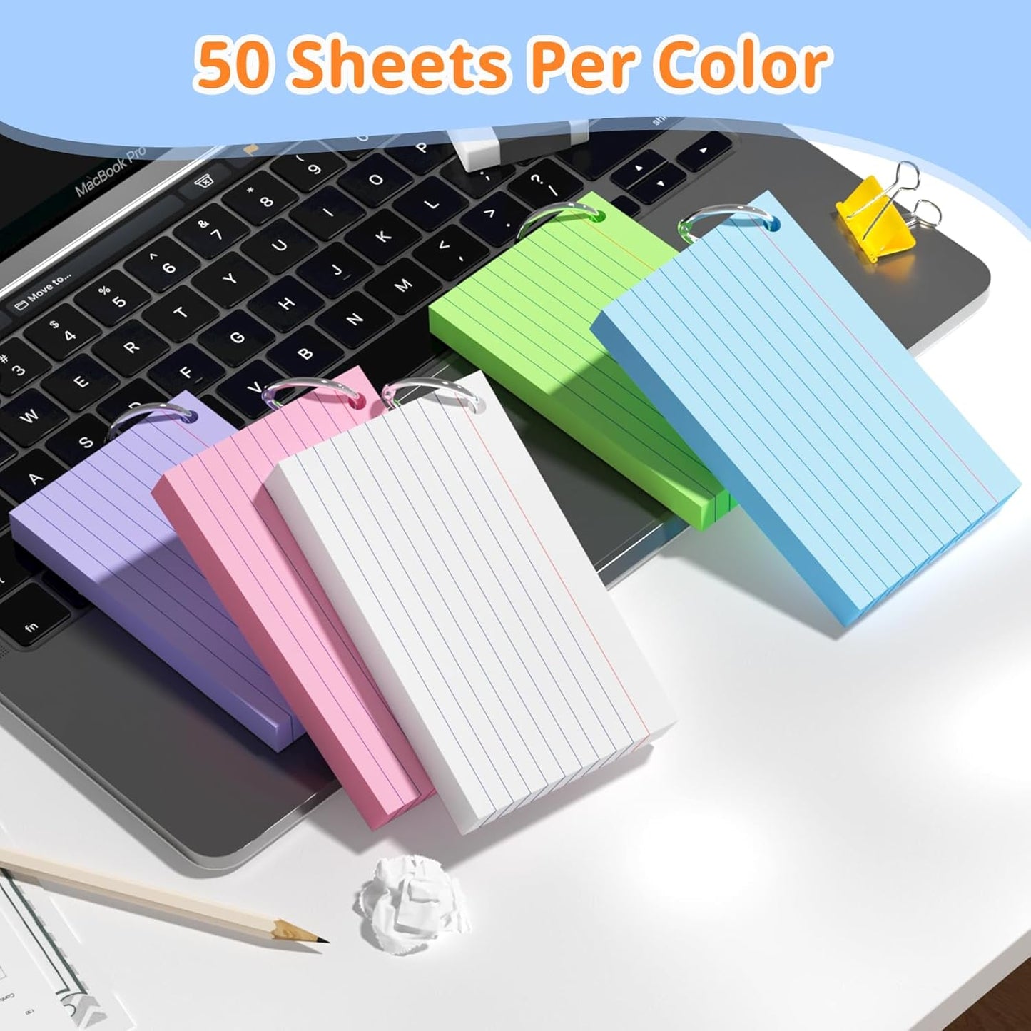 Index Cards 3x5 Inches, 300 PCS, Colored Flash Cards With Ring, Punched Lined Study Card Ruled Flashcards Notecards, Ruled Front And Blank Back, Note Card for School, College And Home