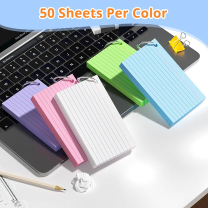 Index Cards 3x5 Inches, 300 PCS, Colored Flash Cards With Ring, Punched Lined Study Card Ruled Flashcards Notecards, Ruled Front And Blank Back, Note Card for School, College And Home