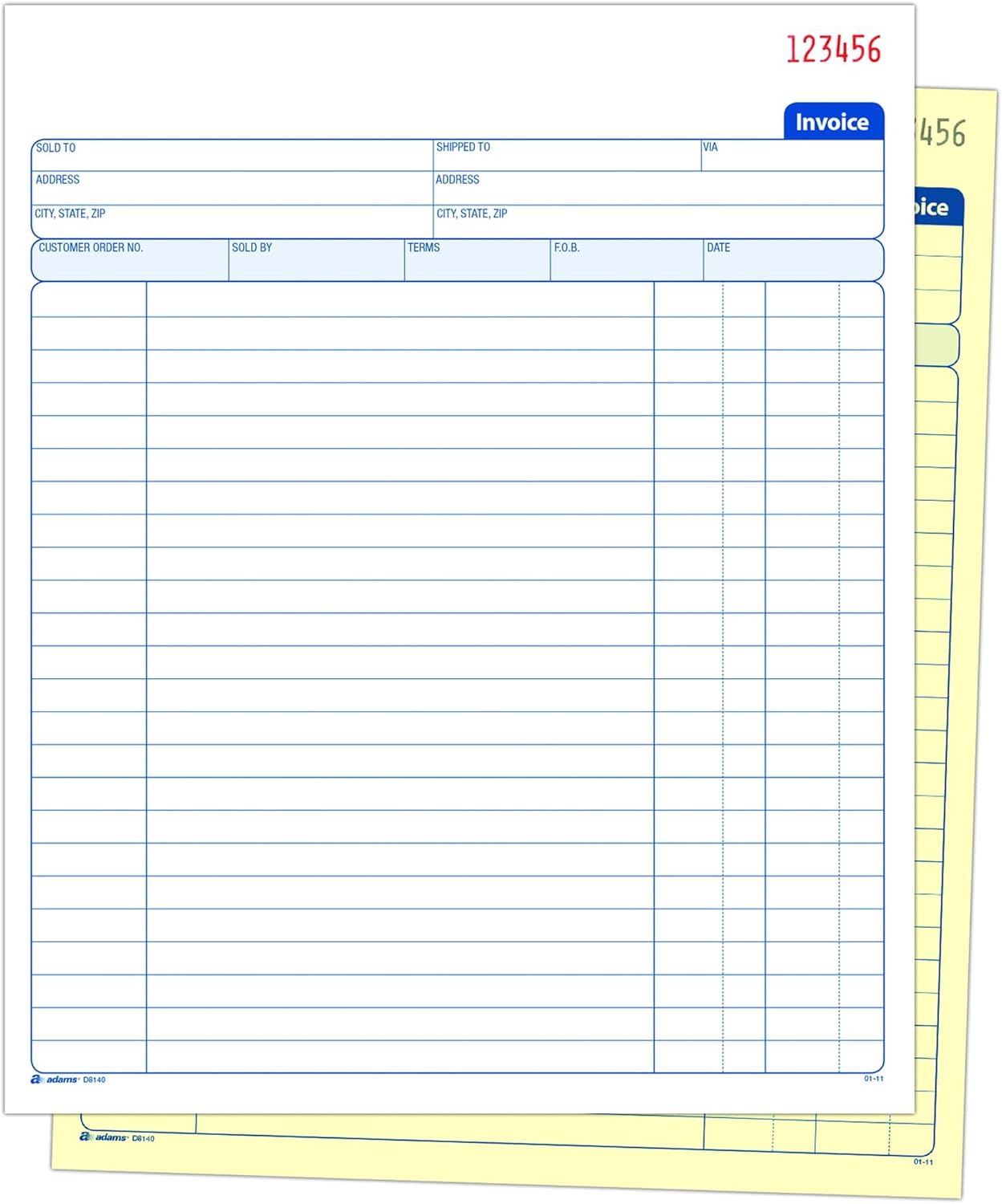 Adams Invoice Book, 8-3/8 x 10-11/16 Inches, 2-Part, Carbonless, White/Canary, 50 Sets per Book (D8140)