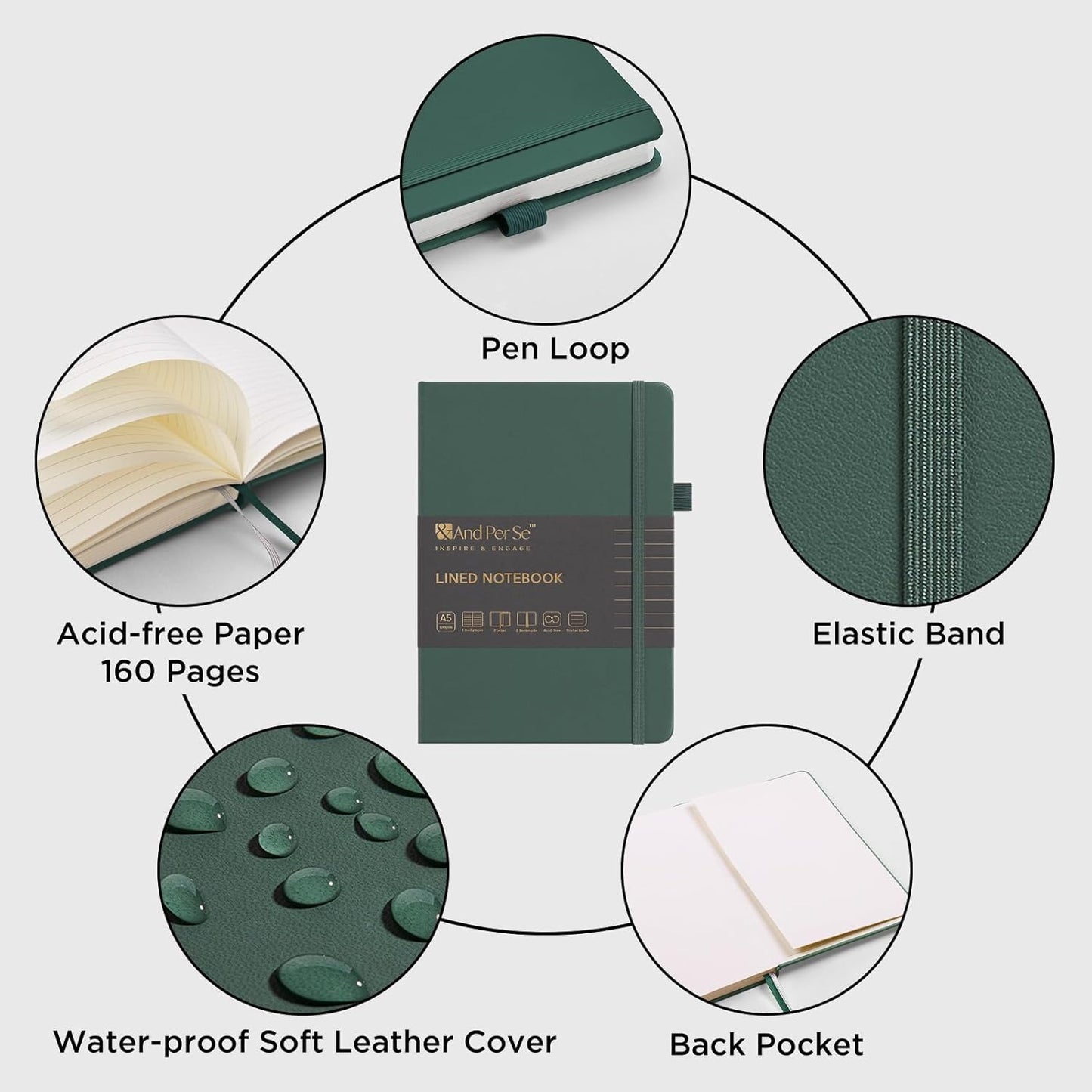 &And Per Se Lined Journal Notebook, 160 Pages, A5 5.7 x 8 inches College Ruled Thick Paper Notebook Journals for Writing, Hardcover Notebooks for Women Men Office School (1 Pack, Green) - Colors A