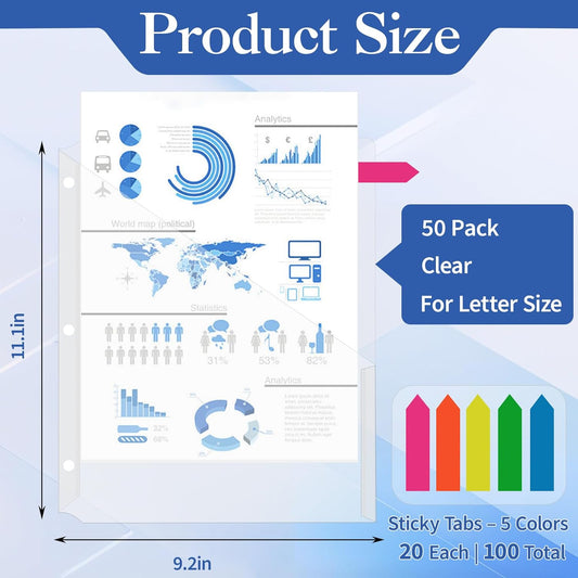 Binditek 50 Pack Transparent Clear Slash File Jacket with 3 Holes, Pocket Folders for 3 Ring Binder, Fits 8.5 x 11 Inch Documents, Ideal for Office, Classroom, and Organizing Papers