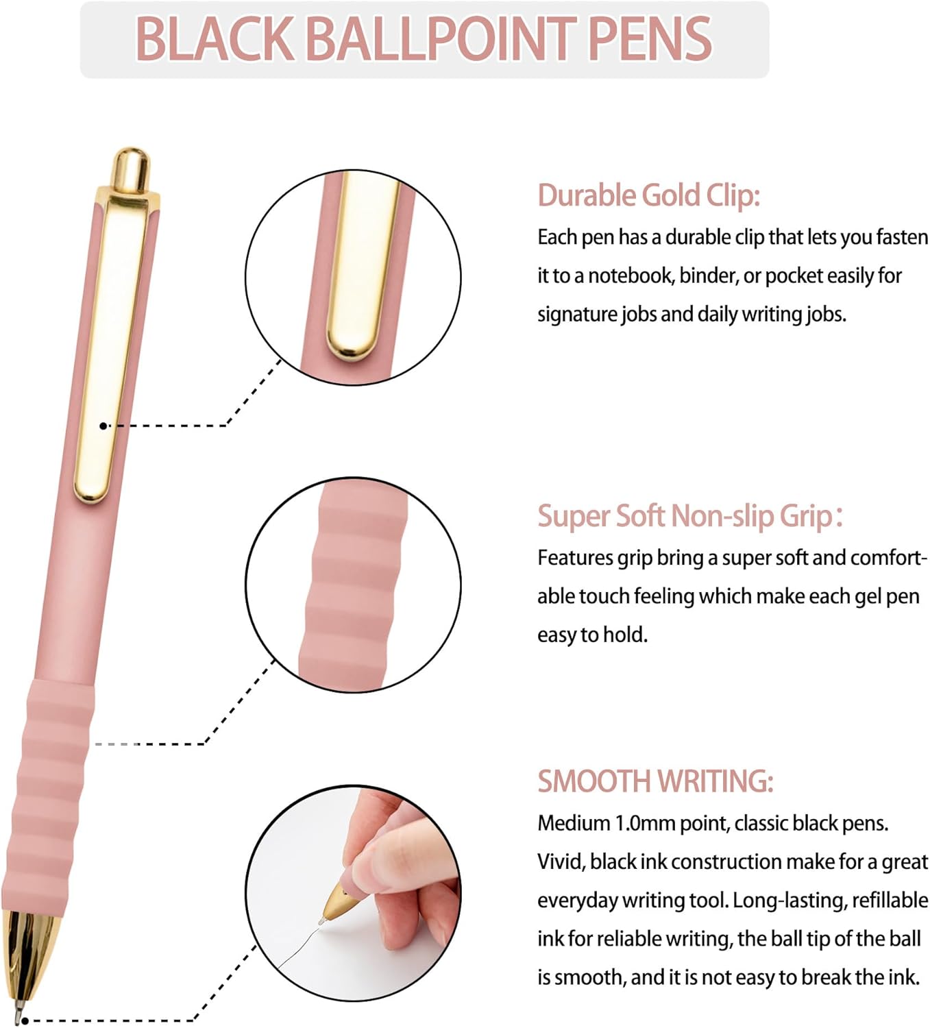 Linbsunne Ballpoint Pens Black Medium Point 1mm Pen with Super Soft Grip Ball Point Pen for Men Women Retractable Pens