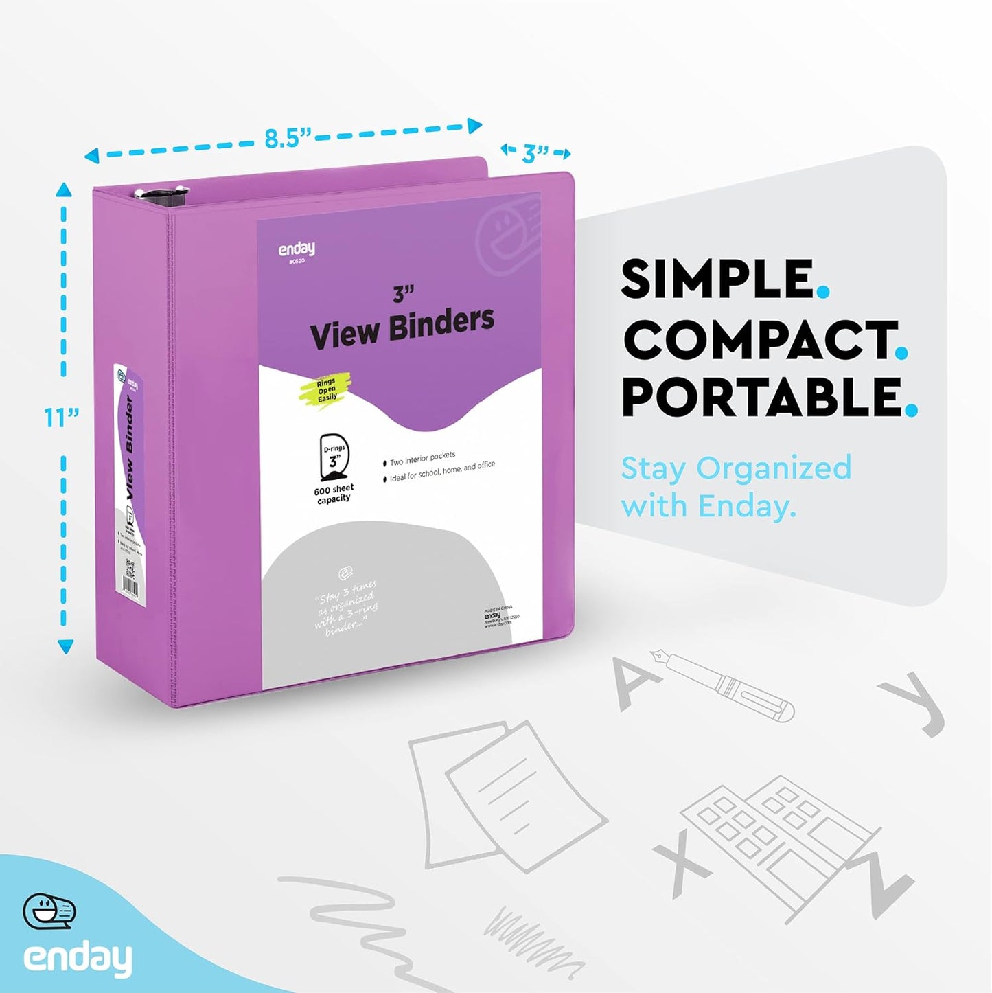 3 Inch Binder 3 Ring Binders Green, Slant D-Ring 3” Clear View Cover with 2 Inside Pockets, Heavy Duty Colored School Supplies Office and Home Binders – By Enday