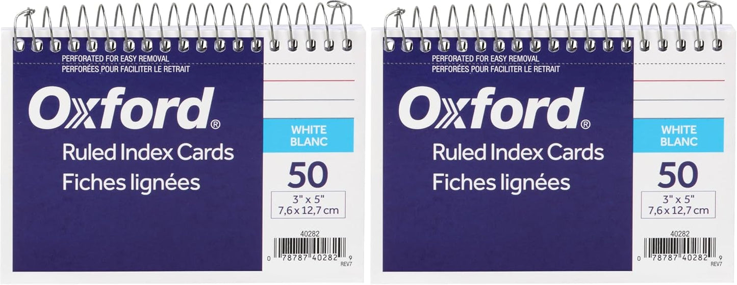 Oxford Premium-Weight Index Cards, Spiral, Ruled, 3 x 5 Inches, White, 50 Cards per Pack, 1 Pack (40282)