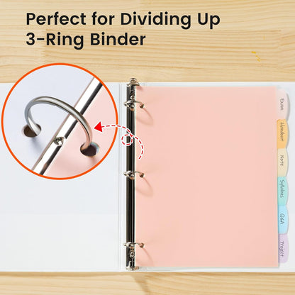 Sooez 6-Tab 3 Ring Binder dividers with tabs, Durable Plastic Write & Erase Tab Dividers for 3 Ring Binder, Aesthetic Cute Binder Dividers for Student, Teacher, Office, Home Organizers, 1 Sets