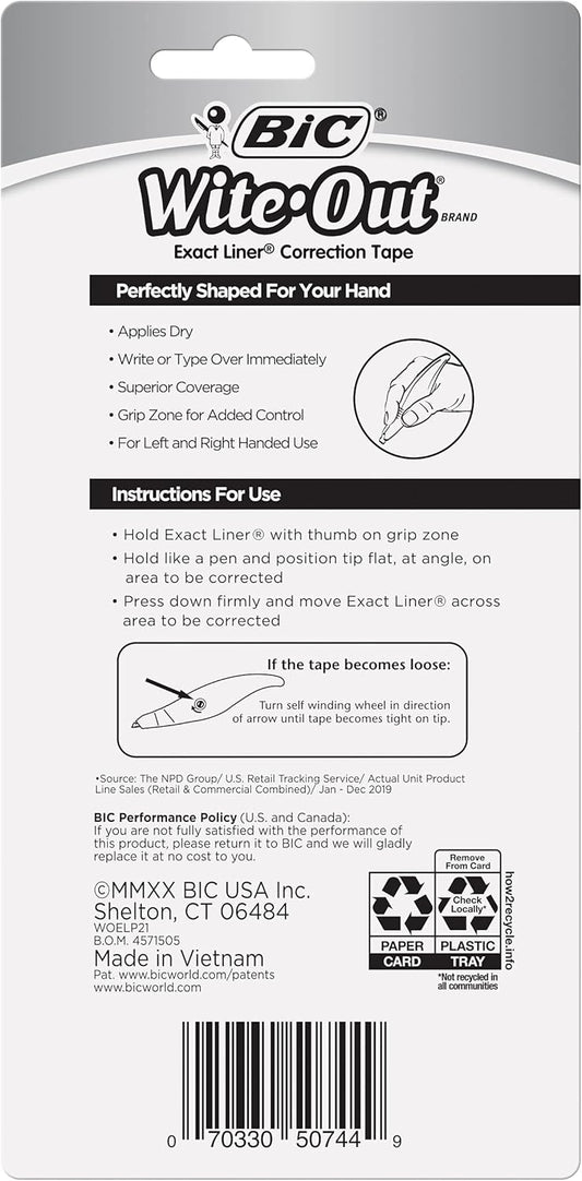 BIC Wite-Out Brand Exact Liner Correction Tape, 19.6 Feet, White, Fast, Clean and Easy to Use Tear-Resistant Tape, 2-Count