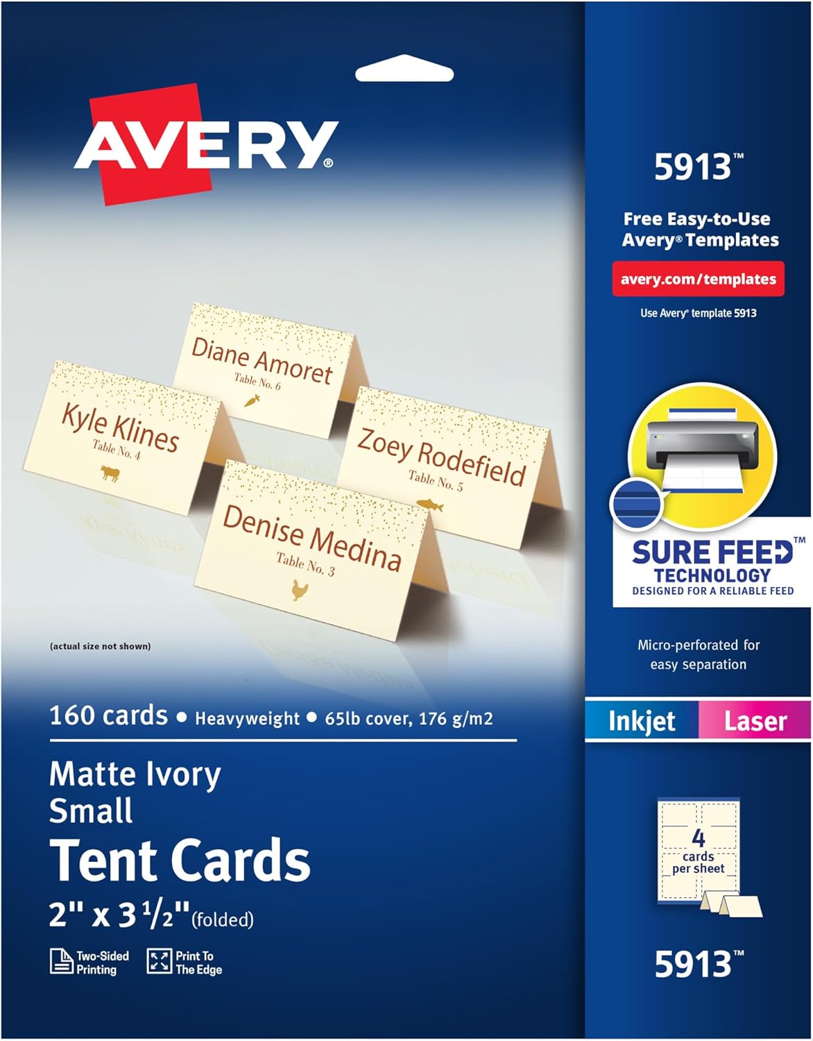 Avery Printable Tent Cards with Sure Feed Technology, 2" x 3.5", White, 160 Blank Place Cards for Laser or Inkjet Printers (5302)