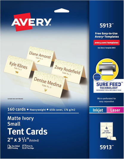 Avery Printable Tent Cards with Sure Feed Technology, 2" x 3.5", White, 160 Blank Place Cards for Laser or Inkjet Printers (5302)