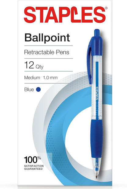 STAPLES Retractable Ballpoint Pens, Medium Point 1.0mm, Black Ink, 12 Pack – Comfortable, Smooth‑Writing Pens for Everyday Office Use
