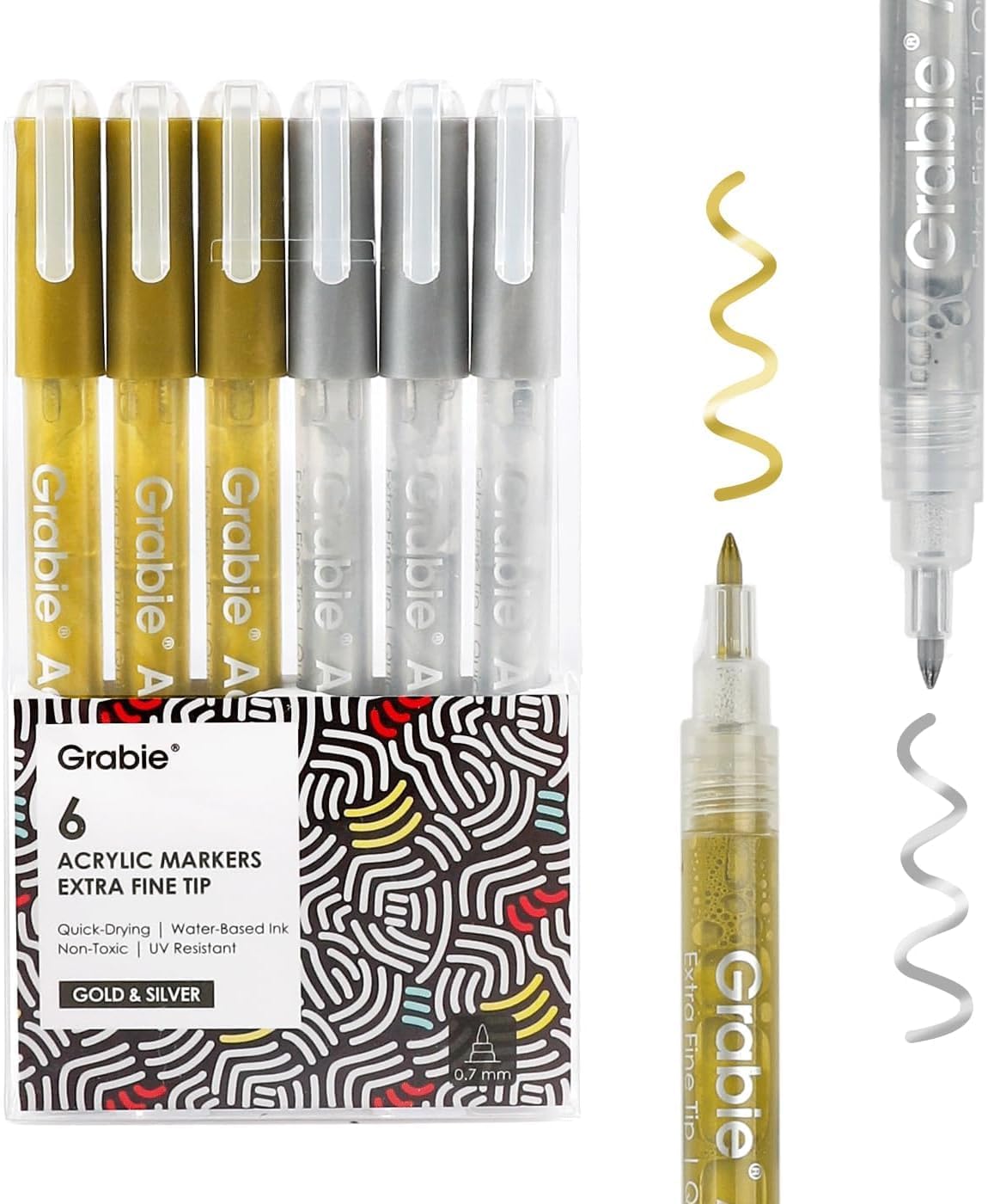 Grabie Black & White Extra Fine Tip Acrylic Paint Marker Set, 6 Pack, 0.7mm Acrylic Paint Pens for Highlights and Fine Details on Drawings, Rock Painting Glass Canvas Wood, White Highlight Markers