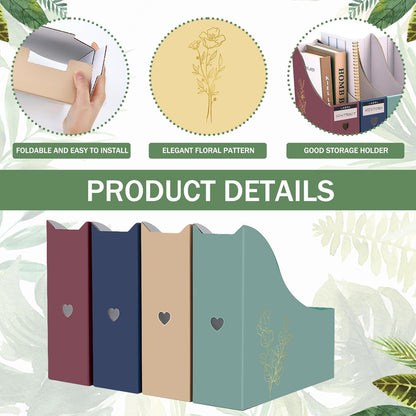 24 Floral Cardboard Magazine Holders Set, File Folders Organizer Decorative 10.23x10.63 Inch with 48 Printable Labels Storage Boxes for Home Office School Desk Classroom