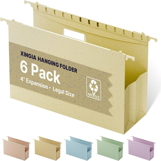 XINGIA Wheat Straw Reinforced Hanging File Folders Legal Size,4 Inch Expansion File Organizer,6 Pack Extra Capacity File Cabinet Folders for Bulky Files,Medical Charts,Filing Folders Hanging with Tabs
