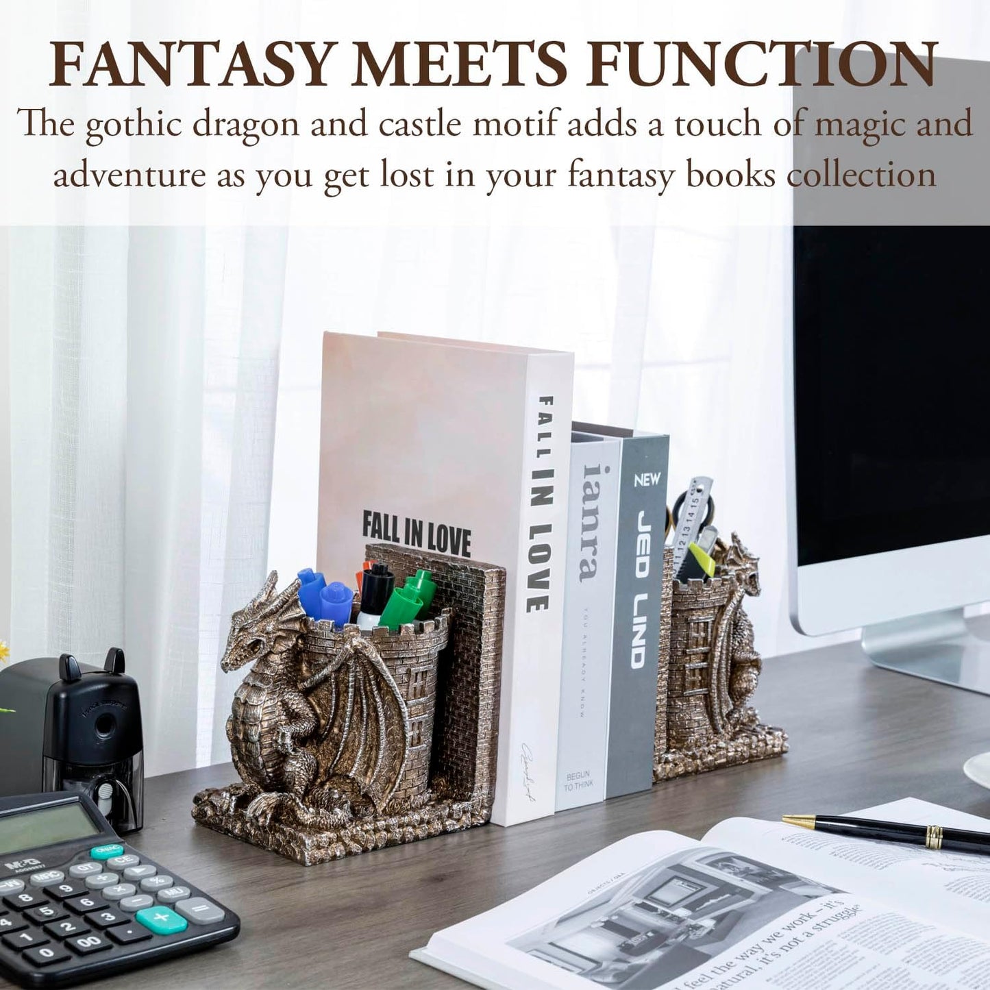 Bookends Dragon, Gothic Black Resin Dragon Guarding Castle Pencil Cup Bookends, Office Desk Book Ends with Decorative Fantasy Dragons and Stone Tower Pen Holders, 1 Pair