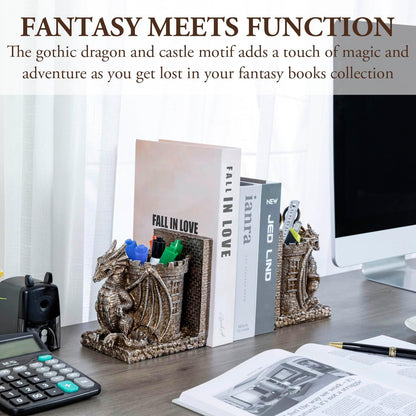 Bookends Dragon, Gothic Black Resin Dragon Guarding Castle Pencil Cup Bookends, Office Desk Book Ends with Decorative Fantasy Dragons and Stone Tower Pen Holders, 1 Pair
